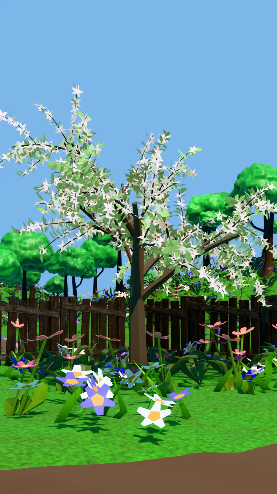 The blossom tree in daylight behind a wooden fence, with large white and blue flowers in the foreground.