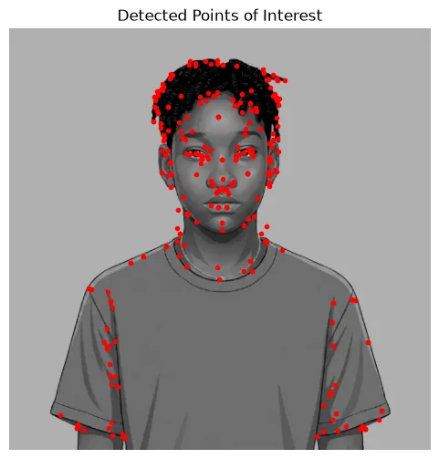 The same portrait in greyscale with detected points of interest marked in red.
