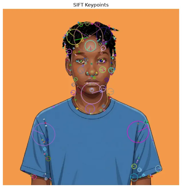 An illustrated avatar portrait overlaid with circular SIFT keypoint markers showing scale and orientation.